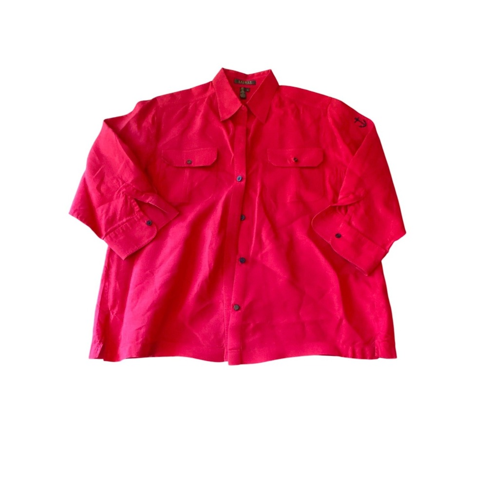 Red Linen Shirt Embroidered Anchor XLโ Nautical Preppy Old Money Roll Tab Sleeve